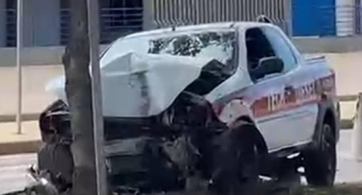 Carro de empresa invade canteiro central e destrói árvore e placa de sinalização na Avenida Guaporé em Porto Velho