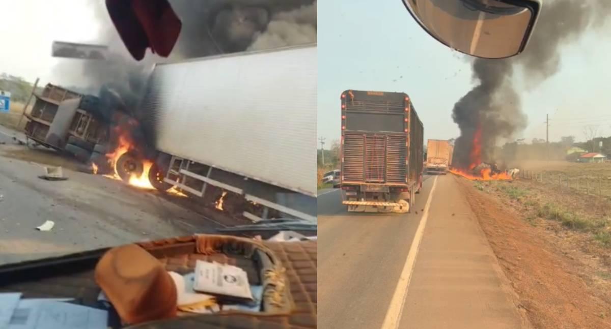 Colisão frontal entre duas carretas deixa dois mortos e veículo em chamas na BR-364