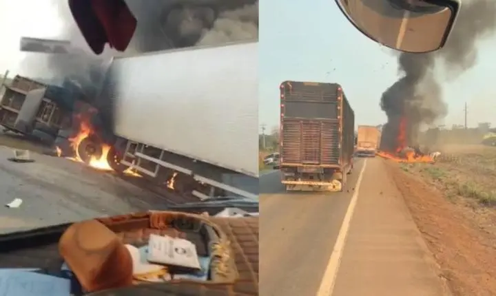 Colisão frontal entre duas carretas deixa dois mortos e veículo em chamas na BR-364