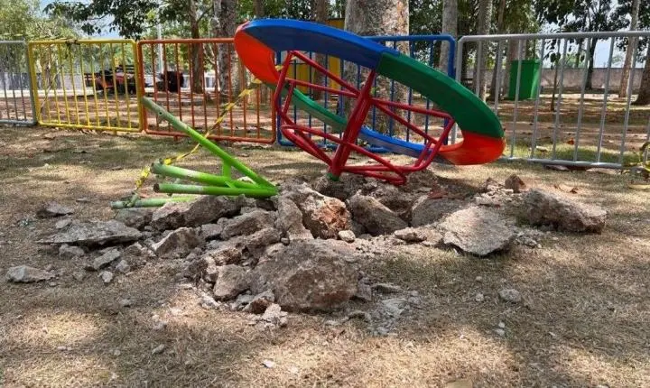 Parque Circuito sofre vandalismo poucos dias após revitalização e apresenta brinquedos danificados e banheiros pichados